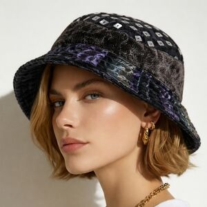 M. Gregg Studio Sequin Embellished Black Patchwork Bucket Hat M